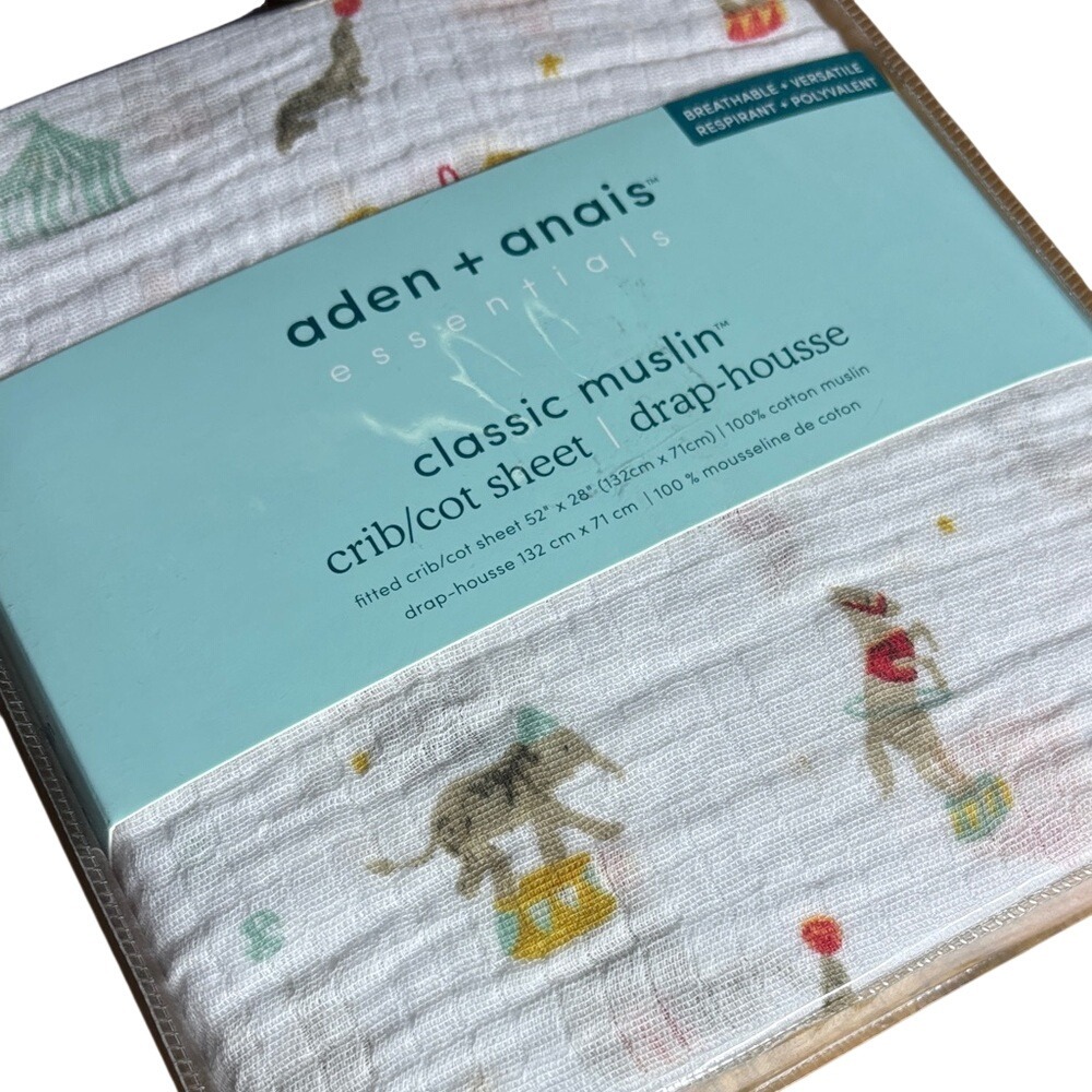 Aden & Anais 100% Cotton Muslin Classic Fitted Crib Sheet White Circus Print New - Picture 2 of 6